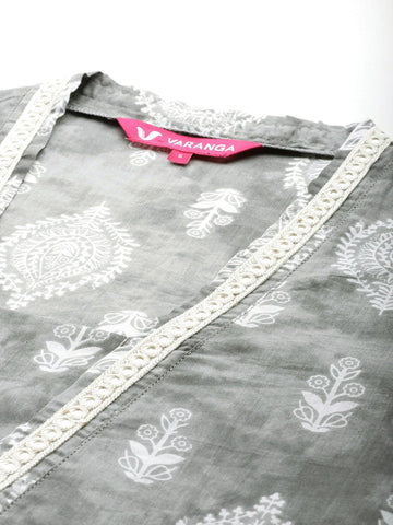 Varanga Women Grey Printed  V-Neck Lace Embellished Straight Kurta